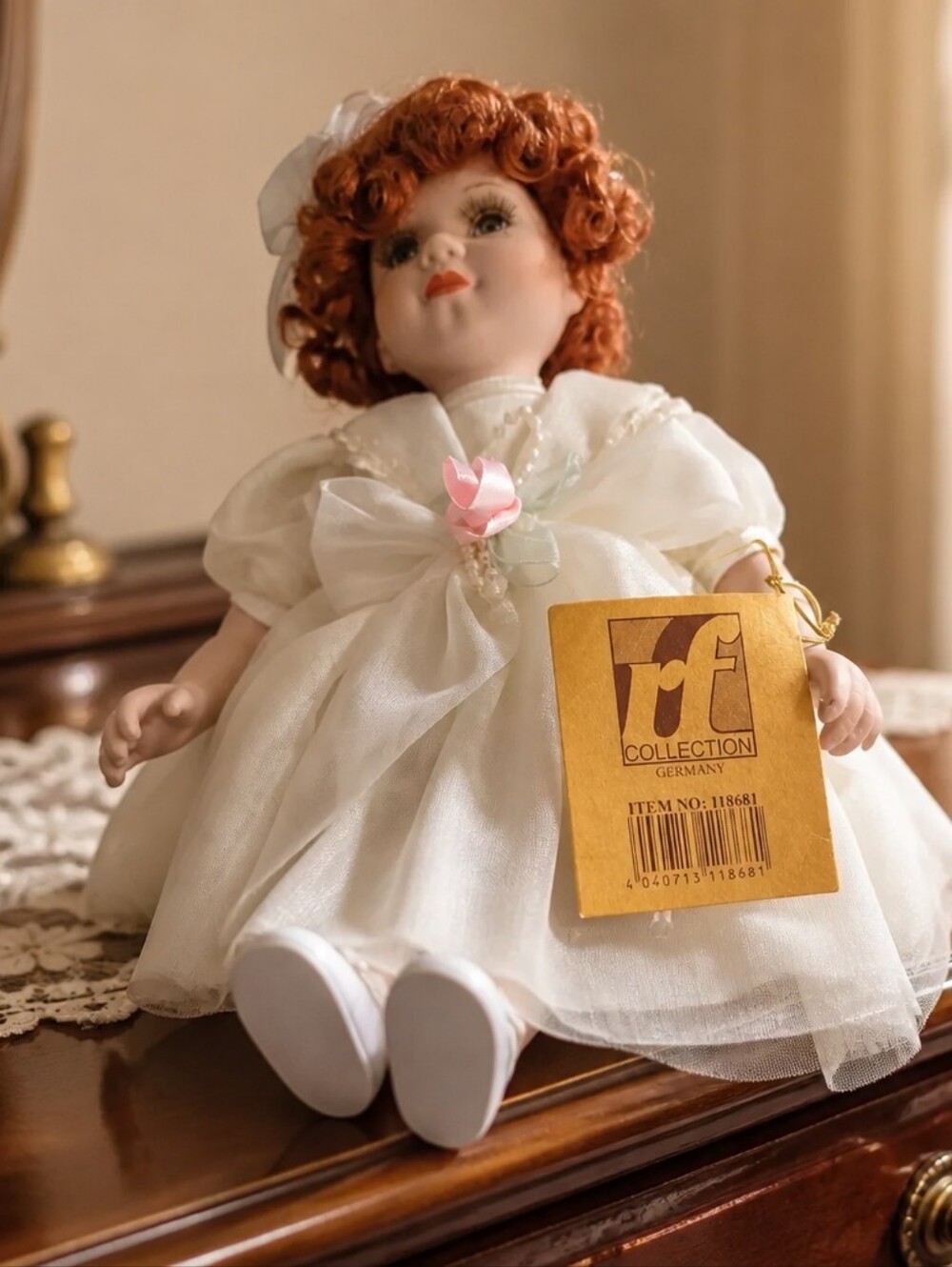 RF Collection Porcelain Doll with Red Hair and White Dress. #190